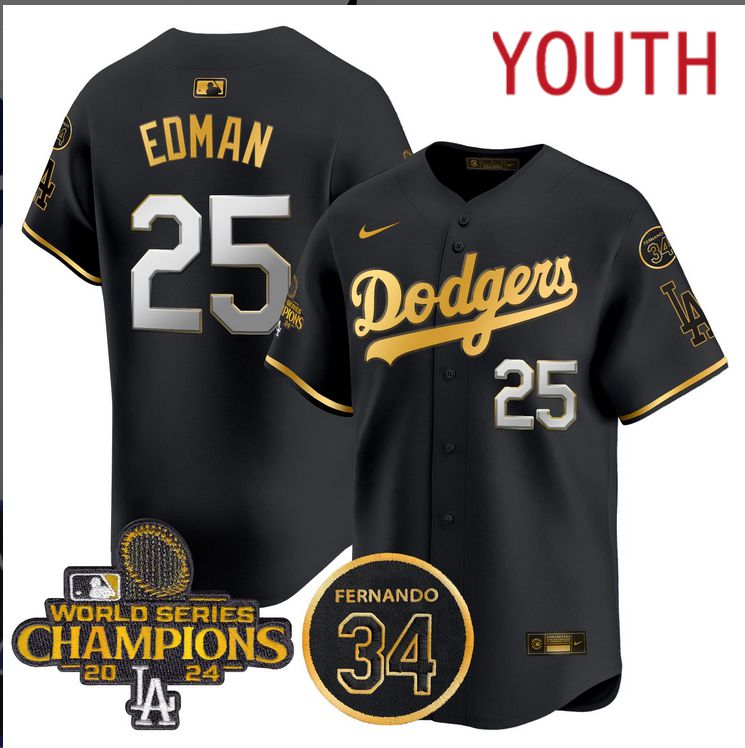 Youth MLB Los Angeles Dodgers 25 Edman black 2024 World Series Champions Patch Limited Jersey style 4